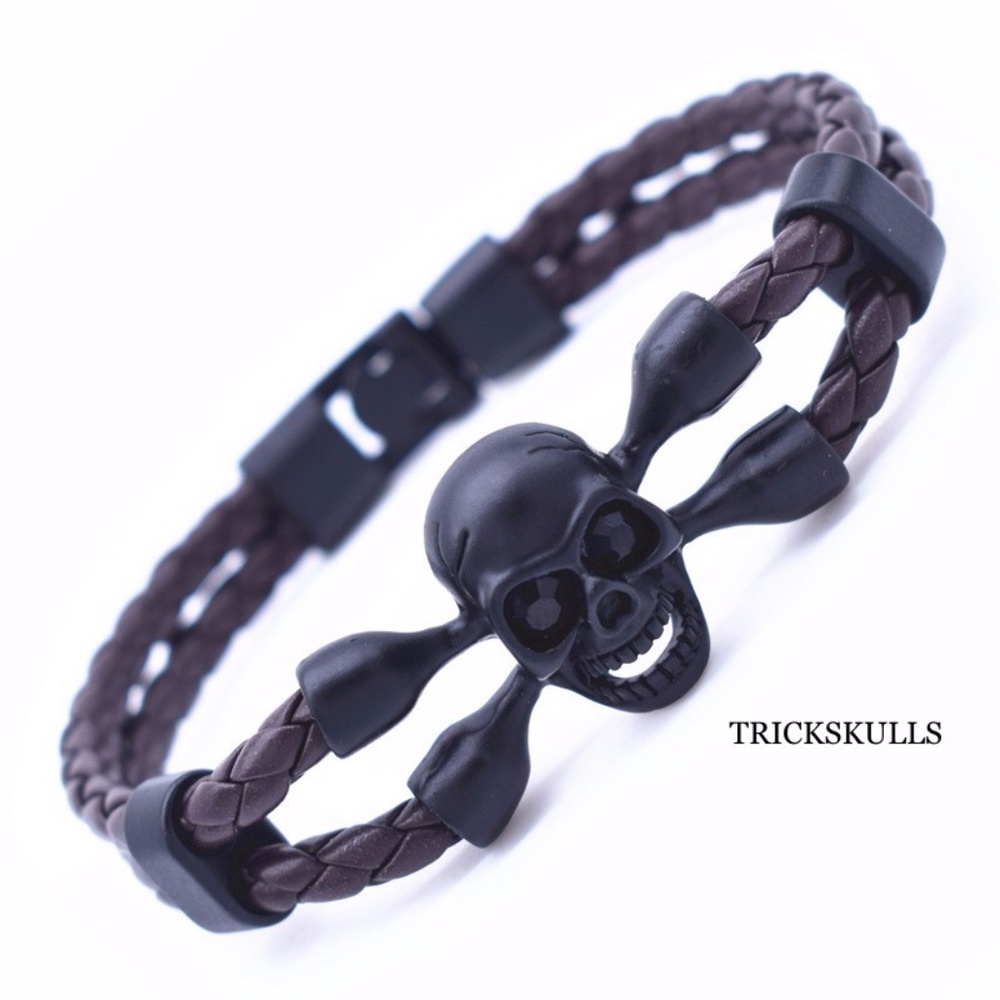 Mens Steel & Leather BROWN Braided Skull & Crossbones Cuff Bracelet 8 1/4” New!
